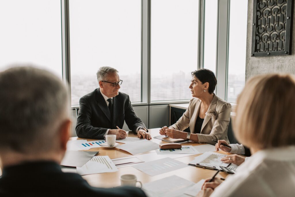 Law firm decision-makers discussing marketing strategy, agency experience, and campaign expectations.